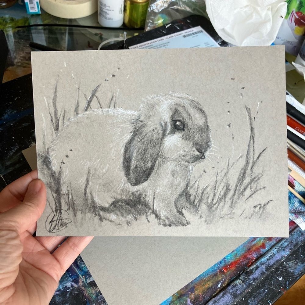 Bunny Original painting Lop rabbit art charcoal pastel animals Artettina USA - Picture 3 of 6